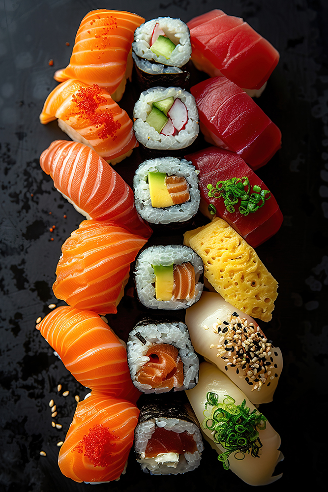 sushi. Studio black background. copi space --ar 2:3 --style raw --stylize 600 --v 6 Job ID: 82779677-c990-403e-b647-a5c01cb95d1e