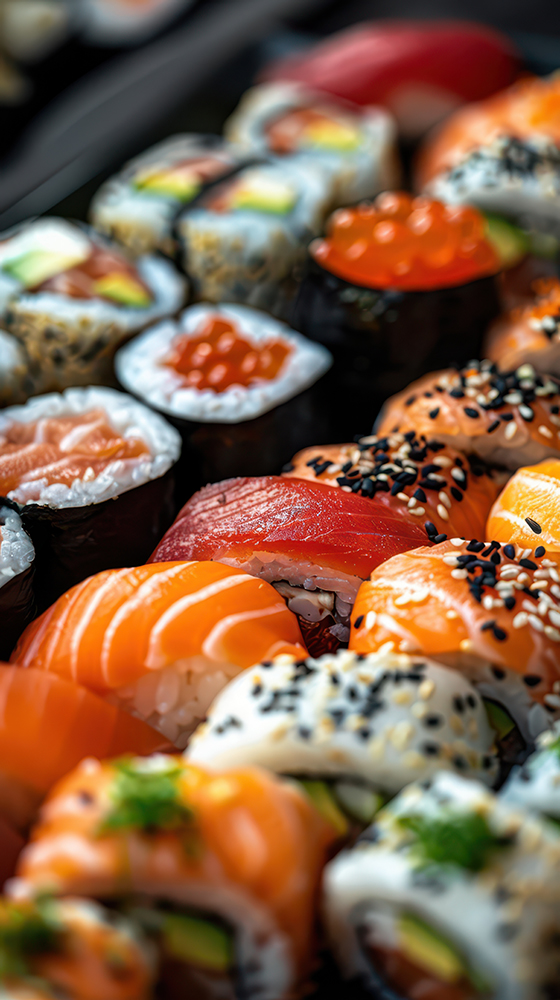 various sushi and rolls. Selective focus.copy space. Stock bright photo --ar 9:16 --stylize 250 --v 6 Job ID: 3ac754d8-a0ef-4807-b02a-7549bc98461f
