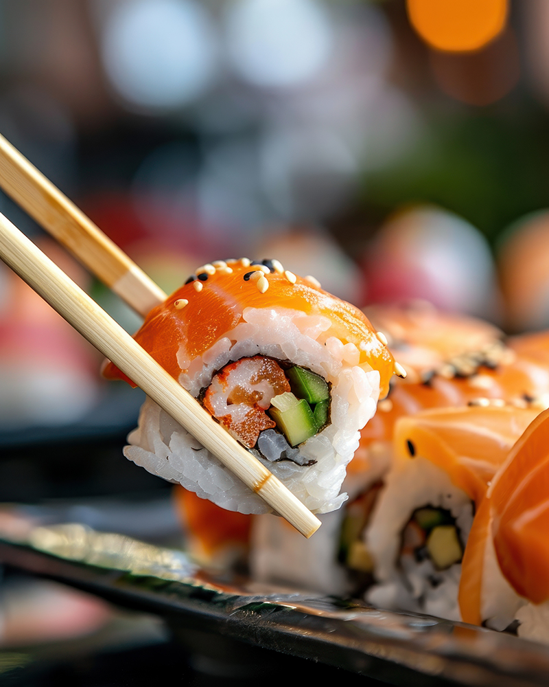 Detailed close-up of a sushi roll being picked up by chopsticks, featuring salmon, roe, and avocado.